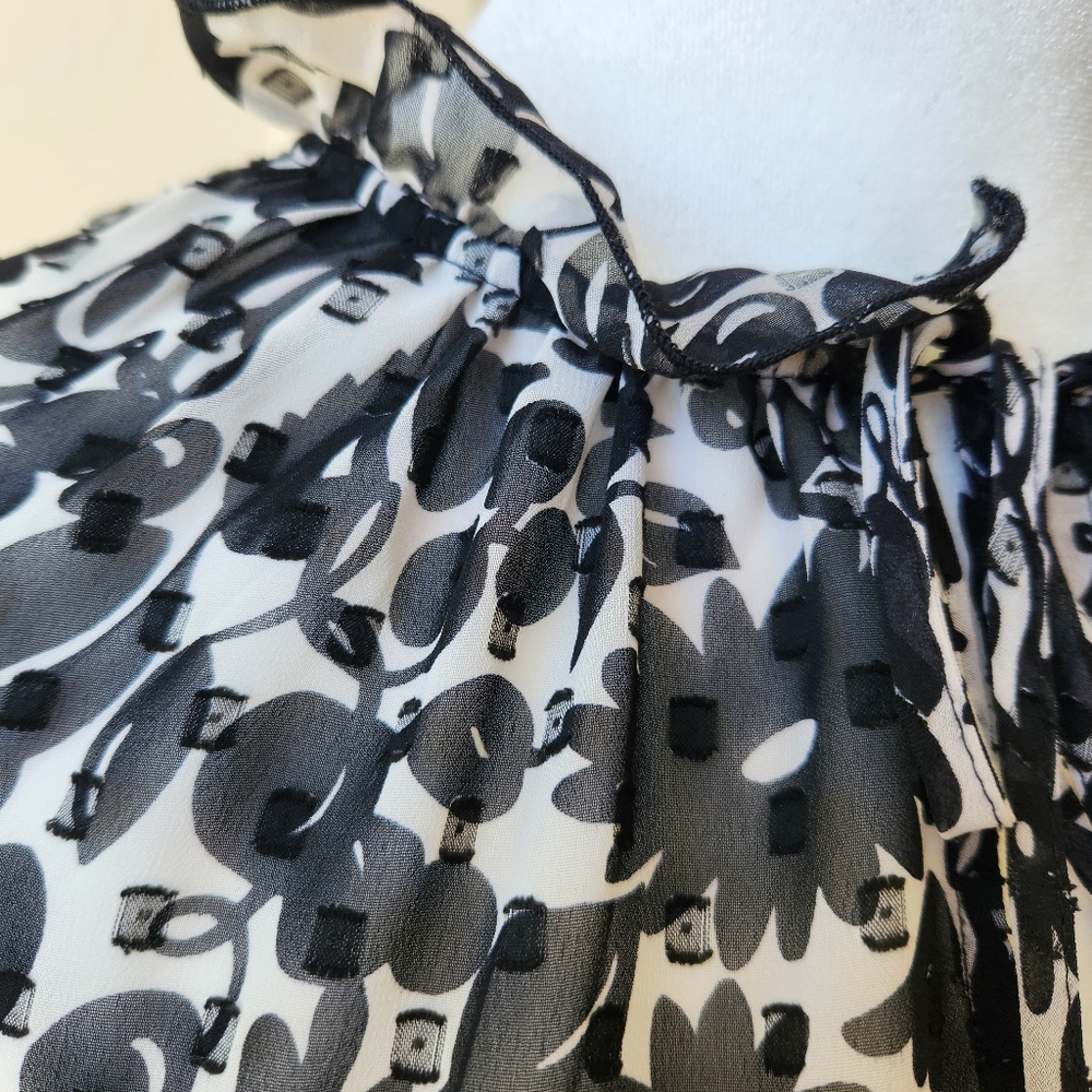 Boden Maddie Floral Top Black White Sheer Long Sleeve Ruffled Neck Tie Size 6 - Picture 7 of 16